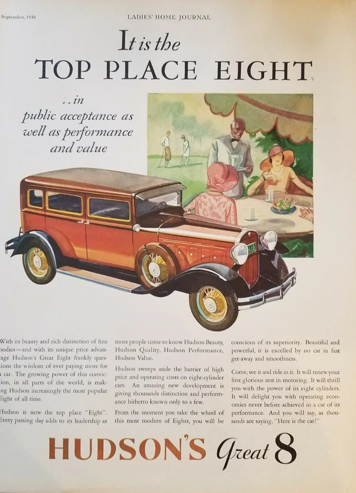 1930 red Hudson's great 8 car it is the top place vintage color ad - Image 1 of 1