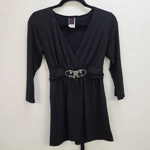 Wrapper Top Women Medium Black Stretch Deep V-Neck Beaded 3/4 Sleeve Tie Back - Picture 1 of 10