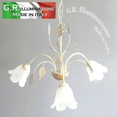 LAMPADARIO IN FERRO BATTUTO 3 LUCI AVORIO ARGENTO E ORO SOSPENSIONE PENDENTE Zoe - Immagine 1 di 4