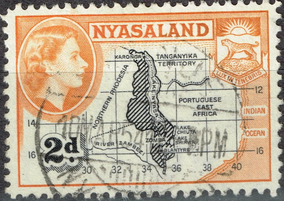 Nyasaland Colonial Map and Coat of Arms stamp 1954 - Image 1 of 1