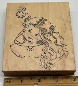 GIRL LONG HAIR LOOKING AT BUTTERFLY INSECT Wood MOUNTED Rubber Stamp - Picture 1 of 2