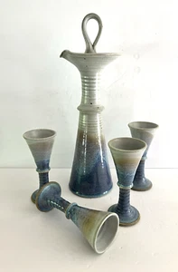 STUDIO ART POTTERY LITSIN SIGNED 5 PC LAVENDER TAN & BROWN DECANTER SET - Picture 1 of 7