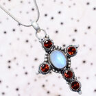 Oval Moonstone, Garnet Cut Gemstone925 Sterling Silver Handmade Cross Necklace