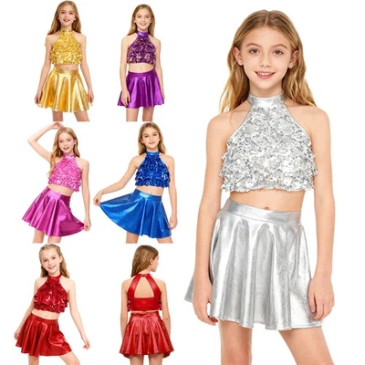 UK Girl's Cheerleading Dress Sequins Dance Outfits Performance Costume Top Skirt - Image 1 of 3