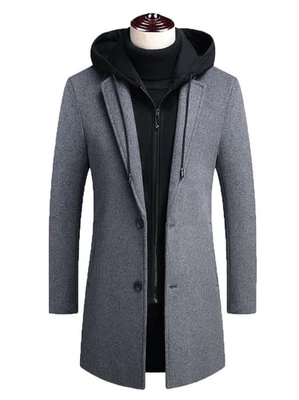 Gabardina con capucha para hombre, ropa exterior elegante de invierno con cremallera y botones Foto 1 de 4