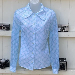 Vintage 1970s Shirt Blouse Blue Geo Print Beagle Penny Collar 36” St Michael - Picture 1 of 9