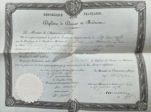 1878 DIPLOME DOCTEUR EN MÉDECINE SUR VELIN IIIè R2PUBLIQUE SIGNÉ A. BARDOUX - Picture 1 of 5