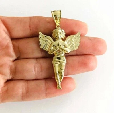 10K Solid Yellow Gold Diamond Cut Praying Angel Charm 2" Pendant -  G61 - Image 1 of 4