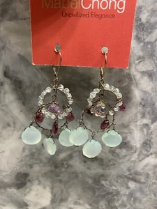 New Chandelier Mabel Chong Teardrop Gems Earrings Dangling Aquamarine Garnet - Picture 1 of 6