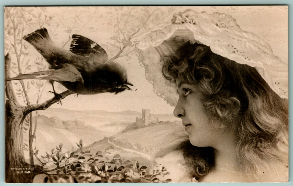 RPPC Mujer y Pájaro Rotógrafo Co Serie Nº 8 540 UNP Sin Usar Tarjeta Postal UDB G5 Foto 1 de 2