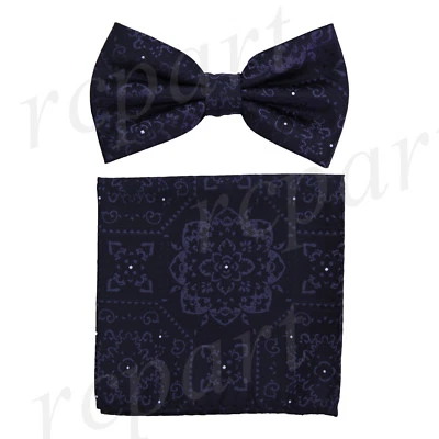 Conjunto de pajarita y pañuelo preatado de microfibra para hombre negro floral formal boda fiesta Foto 1 de 4