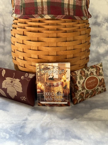 Longaberger October Fields 2000 Basket:Plaid/Plastic Liner, Leaves &Pumpkin Tie Cover