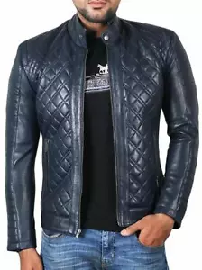 Marineblau Gesteppt Lederjacke Herren Echt Lammleder Biker Stylisch Look Jacke - Bild 1 von 7