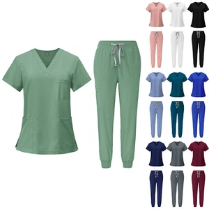 2Pcs Womens Medical Scrub Doctor Uniform Top+Trousers Nurse Dentist Hospital Set - Picture 1 of 23