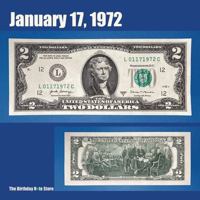 January 17, 1972 Birthday Anniversary $2 Two Dollar Bill Serial Number 01171972 - Image 1 of 2