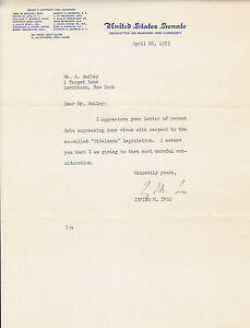 Irving Ives, US Senator from NY, Signed 1953 Letter re "Tidelands" legislation