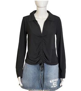 Zara Gr. M Shirt V-Ausschnitt Bluse Langarm Kragen Schwarz Rüschen Oberteil Neu - Bild 1 von 12