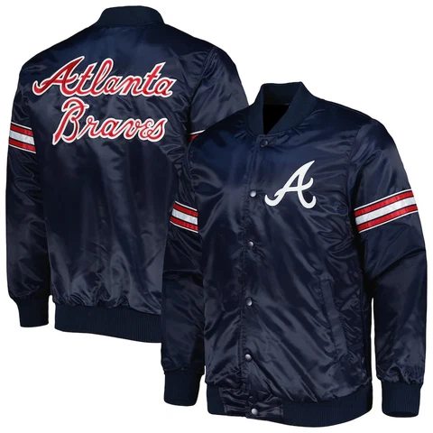 Atlanta Braves MLB Satin Navy varsity Jacket Full-Snap with Free Shipping Cover