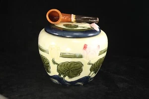 Antique Majolica Ceramic Tobacco Jar w Leaves Flowers & Pipe Finial - No 7704 II - Picture 1 of 8
