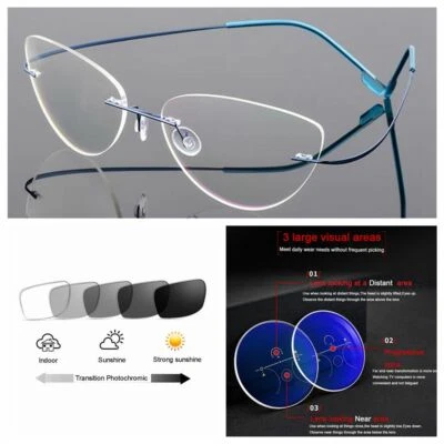Vidrio de lectura fotocromático progresivo multifocal sin montura ojo de gato para mujer Foto 1 de 4