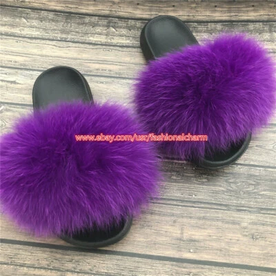Real Fox 毛皮拖鞋女式拖鞋沙滩凉鞋室内户外鞋  — 第 1/4 张图片