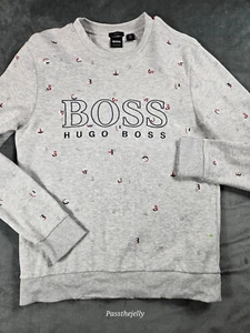Hugo Boss Sweatshirt Men's Small Slim Grey Logo Print Crewneck Sweater Cotton - Picture 1 of 9
