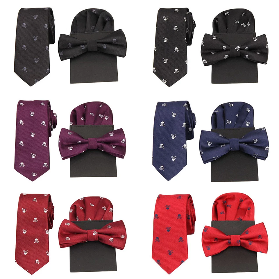 Hombres Corbata Estampado Calavera Pre-atada Esmoquin Pajarita Bolsillo Cuadrado Pañuelo Fiesta Set Foto 1 de 2