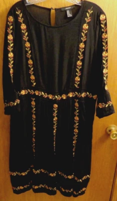 Forever 21 Black Boho Floral Embroidered Dress Women M 40" chest - Image 1 of 4