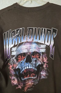 2013 BOOHOO MAN WORLDWIDE SKELETON SKULL BACK GRAPHICS BROWN T SHIRT MENS SIZE L - Picture 1 of 6