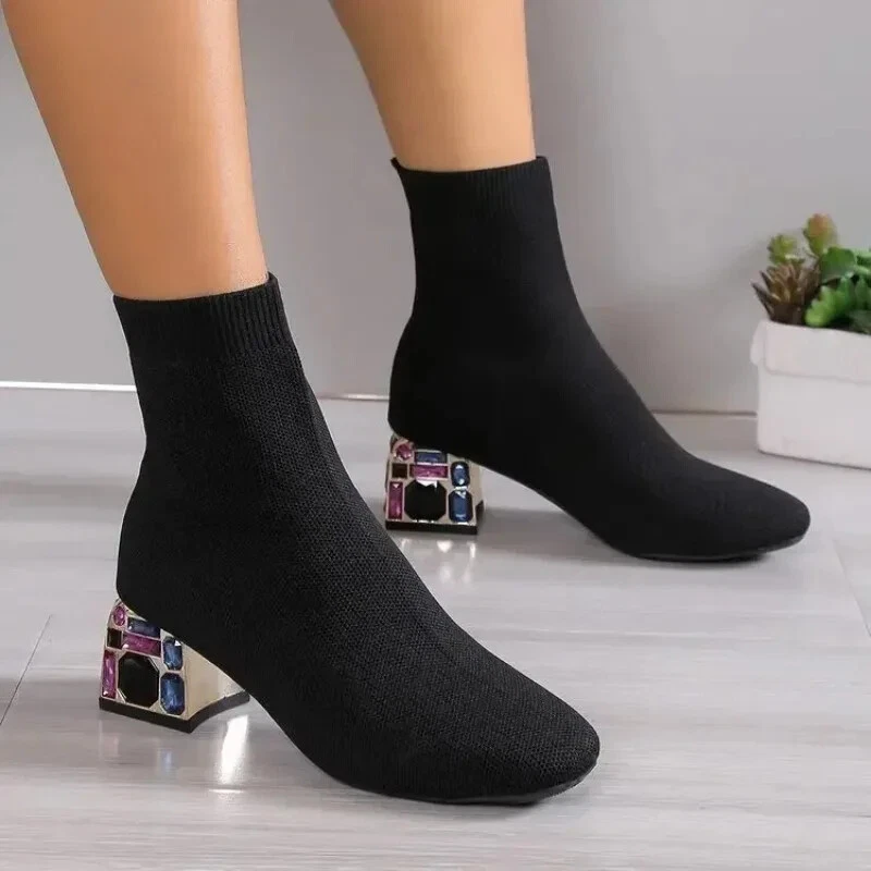 Fashion High Heels Rhinestone Comfort Slip-on Sexy Boots Knit Sock Short Boots - Image 1 of 4