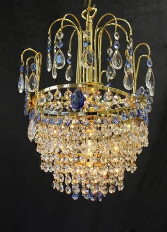 Vintage, Italy, 11 "x 15" Blue Crystal Flower, Gold/Brass Chandelier, 1 Light Cover