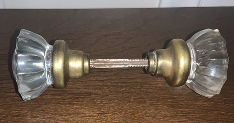1 Set-Vintage Brass Glass Door Handle Knobs w/ Set Screws 2" x 2" 1930's Cover