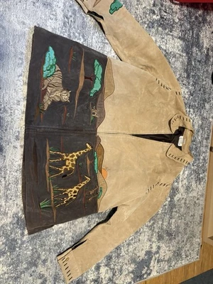 Chaqueta de cuero Quacker Factory vintage para mujer mediana marrón bordado safari Foto 1 de 4