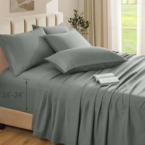 Extra Deep Pocket Queen Sheets Set - 6 Piece Light Grey Sheets Set - Fits 18-24  - Picture 1 of 7
