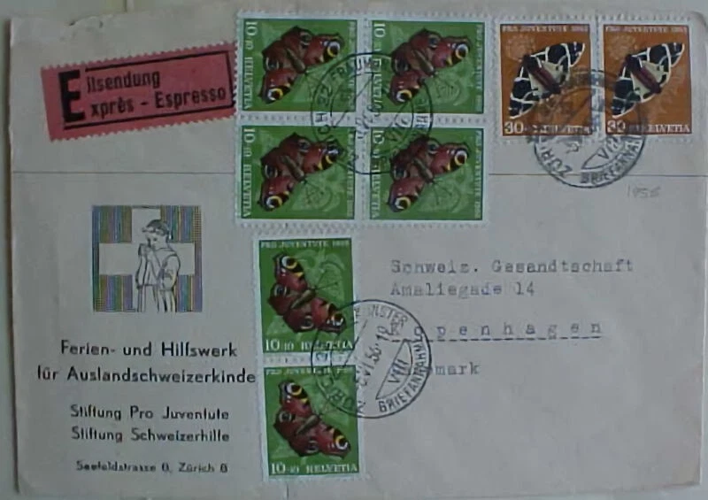 SUIZA MARIPOSA 1955 B/S DINAMARCA EXPRESS PEQUEÑO NICK AT TL Foto 1 de 1