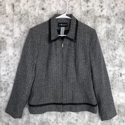 Blazer Sag Harbor Negro Gris Blanco Espiga Tweed Imitación Cuero Borde Talla 12 Foto 1 de 4