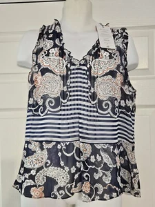 Cabi Size S #5349 Paisley Peplum Blouse Sheer Chiffon Ruffle Navy Spring 2018 - Picture 1 of 8