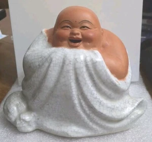 Vintage Budha Laughing, Porcelain White Robe Crackle Glaze, 5 inches - Picture 1 of 5