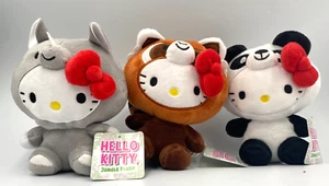 3er Set Hello Kitty Plüschtiere Verkleiden als Nashorn, Panda, roter Panda 6 Zoll Neu mit Etikett - Bild 1 von 5