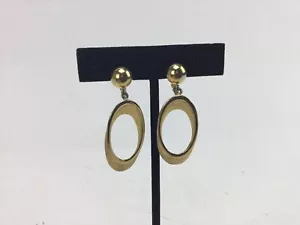 CROWN TRIFARI Clip On Earrings Brushed Satin Gold Tone Dangle Oval Hoop Marked - Picture 1 of 3