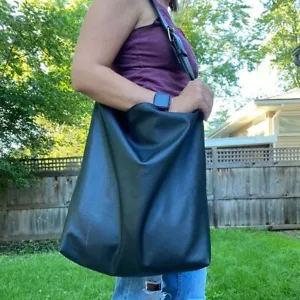 LARGE SIZE BLACK FAUX LEATHER HOBO TOTE BAG, SHOULDER BAG - Picture 1 of 1