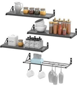 Veluckin 16in Floating Shelves Set: Rustic Wood, Wall-Mount, 3+1 Pack, Grey - Picture 1 of 7
