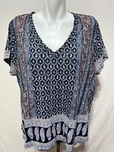Lucky Brand Damen Top Shirt Tunika Blau Hell Grau Rosa 1X Baumwolle Übergröße Neu mit Etikett - Bild 1 von 7