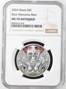 Biker Memento Mori 1 oz Antique finish Silver Coin 5 Cedis Ghana 2024/MS70 NGC - Picture 1 of 10