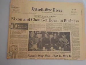 1972 DETROIT FREE PRESS NEWSPAPER HEADLINE "NIXON & CHOU GET DOWN TO BUSINESS" - Picture 1 of 11