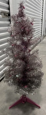 Hot Pink And Silver Christmas Tree 4 Ft H W/  White Lights On Pink Strand Unique - Image 1 of 4