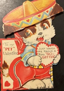 Vtg Valentine DieCut Card Cute Anthropomorphic Puppy Wearing Sombrero “Pet-ter” - Bild 1 von 5