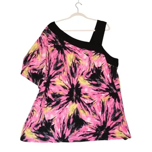 Lane Bryant Bluse Damen 26 28 W Rosa Schwarz One Shoulder Sexy Abstrakt Boho - Bild 1 von 11