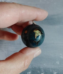 Vintage pendant enamel cloisonné blue orca metal ball bell 1" dia - Picture 1 of 4