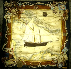 Vintage Ralph Lauren Silk Scarf - Yacht Club / Nautical / Sailboat / Map - Imagen 1 de 6